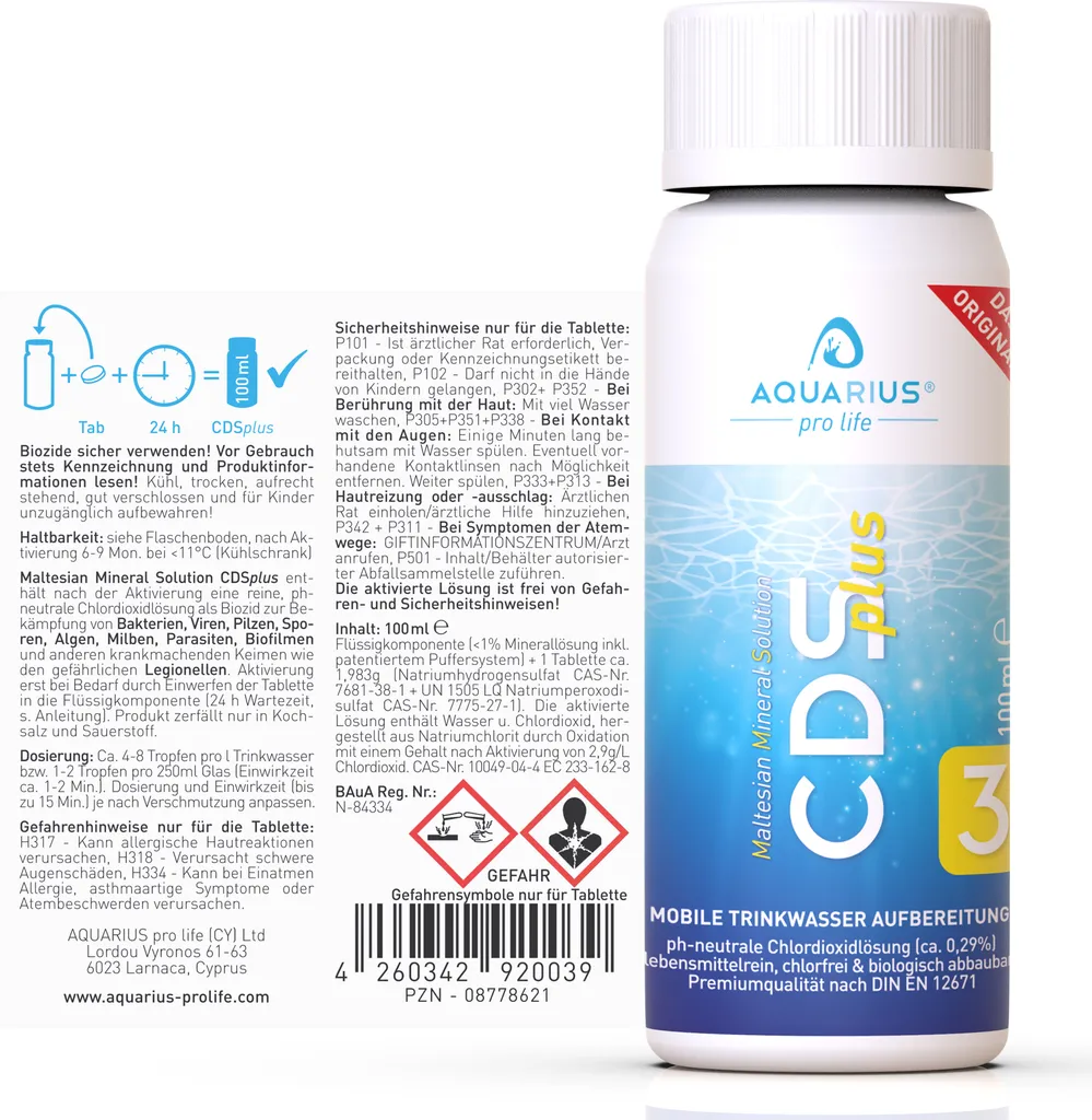 AQUARIUS Pro Life ® - CDSplus 100 Ml - Patentierte Chlordioxid Lösung I CDL Tropfen I Chlorine Dioxide Solution I Auf Wunsch Aktivierbar I Das Original – Bild 5
