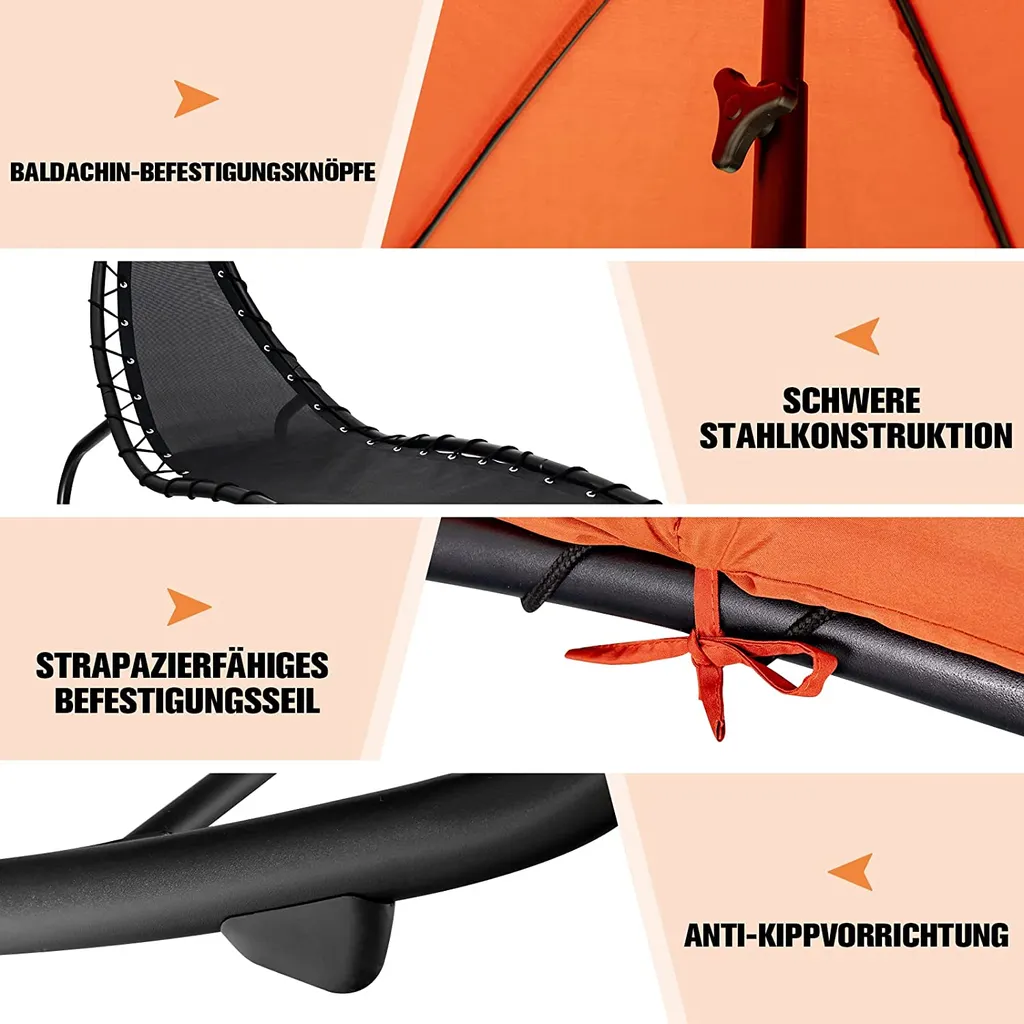 COSTWAY Hängeliege Schwebeliege Mit Sonnenschirm Und Auflage, Sonnenliege Relaxliege Bis 150kg Belastbar, Schaukelliege Für Balkon, Pool, Garten (Orange) – Bild 5