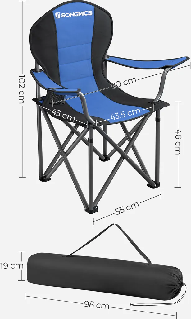 SONGMICS Campingstuhl, Klappbar, Klappstuhl, Komfortabler Mit Schaumstoff Gepolsterter Sitz, Mit Flaschenhalter, Hoch Belastbar, Max. Belastbarkeit 250 Kg, Outdoor Stuhl, Blau GCB06BU – Bild 4