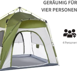 Outsunny Camping Zelt 4 Personen Zelt Familienzelt Mit Fenster 190T PU1000mm Einfache Einrichtung Für Familien Trekking Festival Aluminiumlegierung Glasfaser Grün+Grau 240 X 240 X 199 Cm