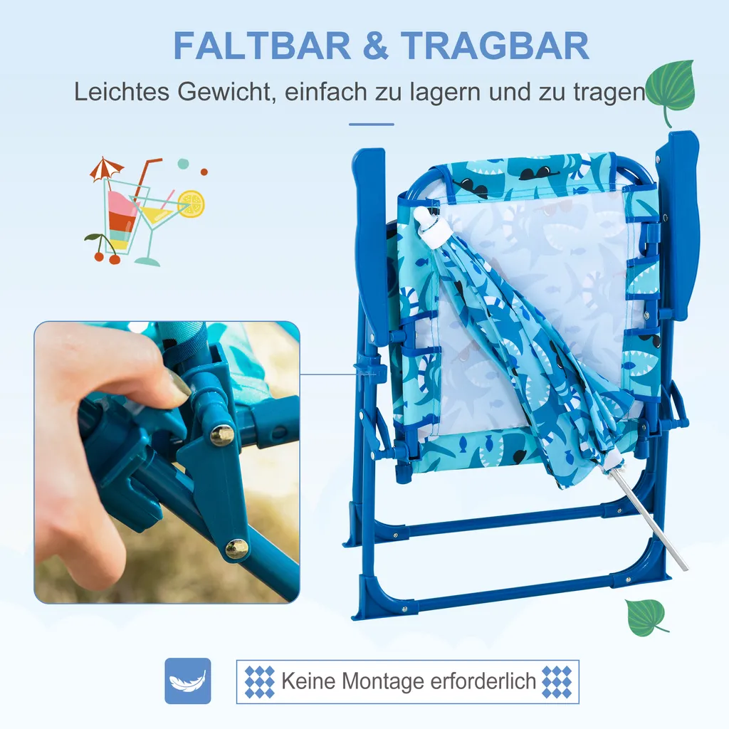 Outsunny Kinder-Campingstuhl Mit Sonnenschirm Kinder-Strandstuhl Klappstuhl Für 1-3 Jahre Leichte Gewicht Metall Blau 39 X 39 X 52cm – Bild 3