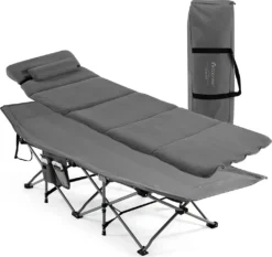 COSTWAY Feldbett Klappbar 190x67x53cm Campingbett Bis 150 Kg Belastbar Klappbett Mit Matratze, Kissen & Seitentasche, Tragbares Campingliege Inkl. Tragetasche Für Camping & Strand Grau