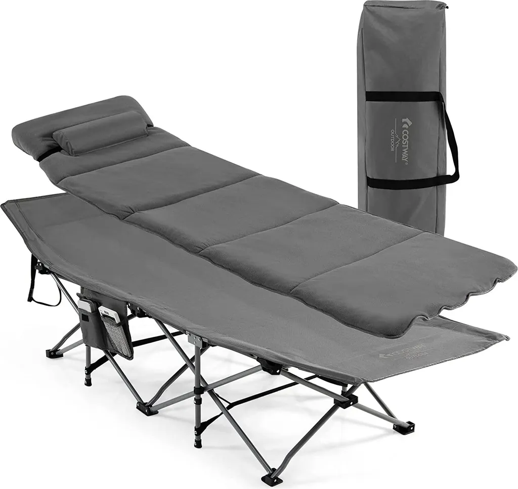 COSTWAY Feldbett Klappbar 190x67x53cm Campingbett Bis 150 Kg Belastbar Klappbett Mit Matratze, Kissen & Seitentasche, Tragbares Campingliege Inkl. Tragetasche Für Camping & Strand Grau