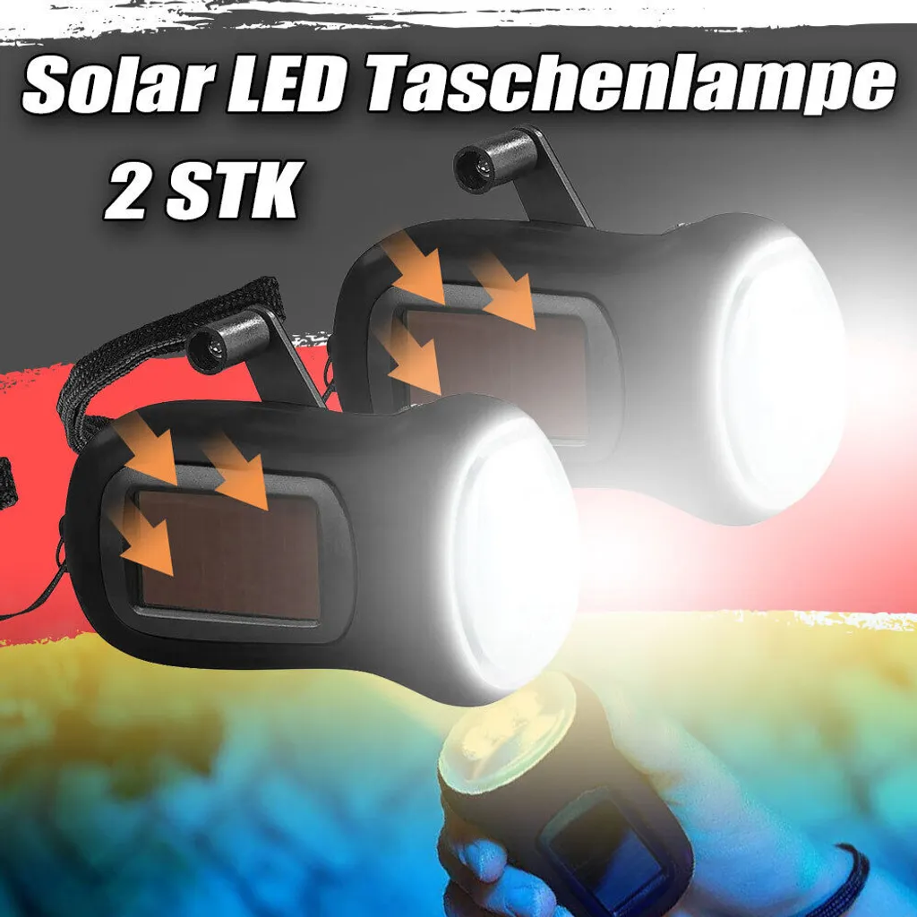 2x Solar LED Taschenlampe Wiederaufladbare Handkurbel Dynamo Camping Notfalllampe