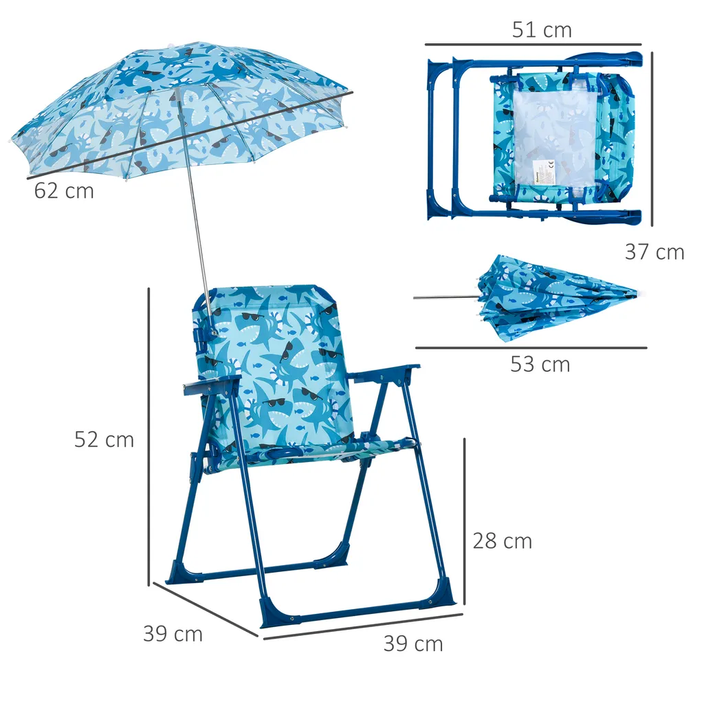 Outsunny Kinder-Campingstuhl Mit Sonnenschirm Kinder-Strandstuhl Klappstuhl Für 1-3 Jahre Leichte Gewicht Metall Blau 39 X 39 X 52cm – Bild 9