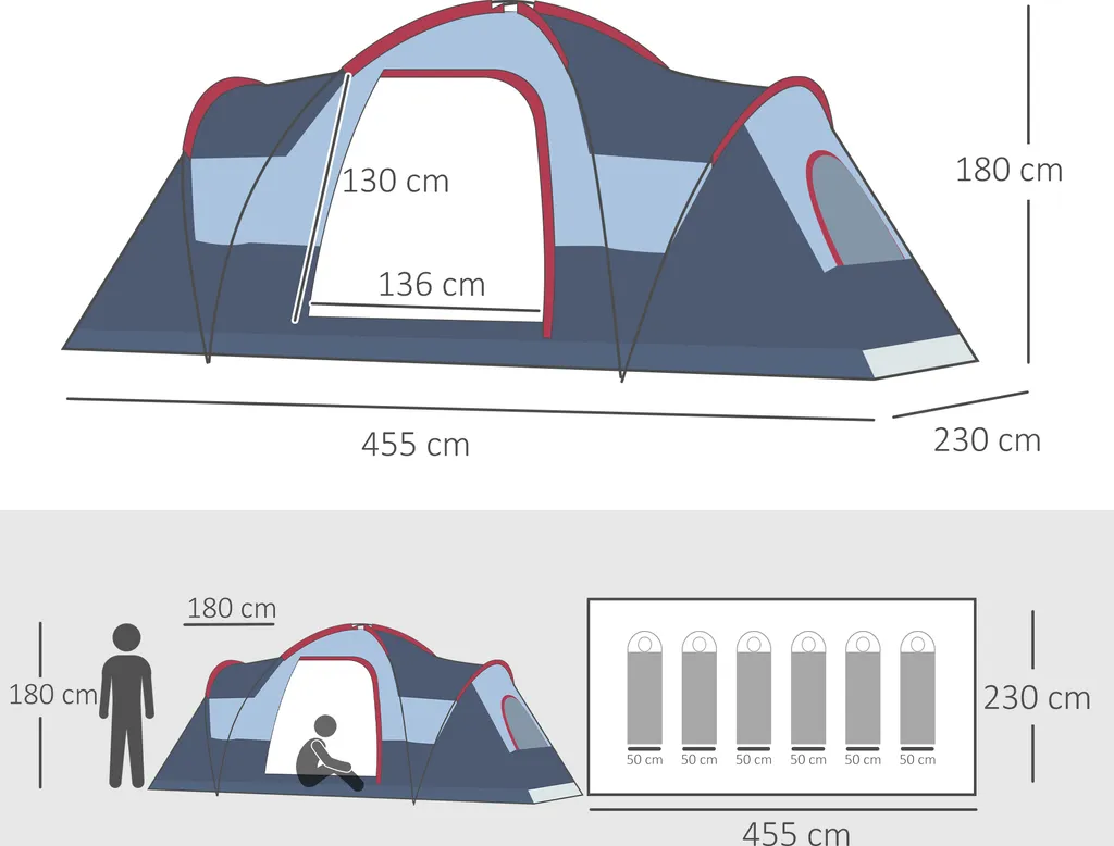 Outsunny Zelt Für 5-6 Personen, Campingzelt Mit Heringen, Tunnelzelt, Kuppelzelt, Polyester, Grau, 4,55 X 2,3 X 1,8 M – Bild 3