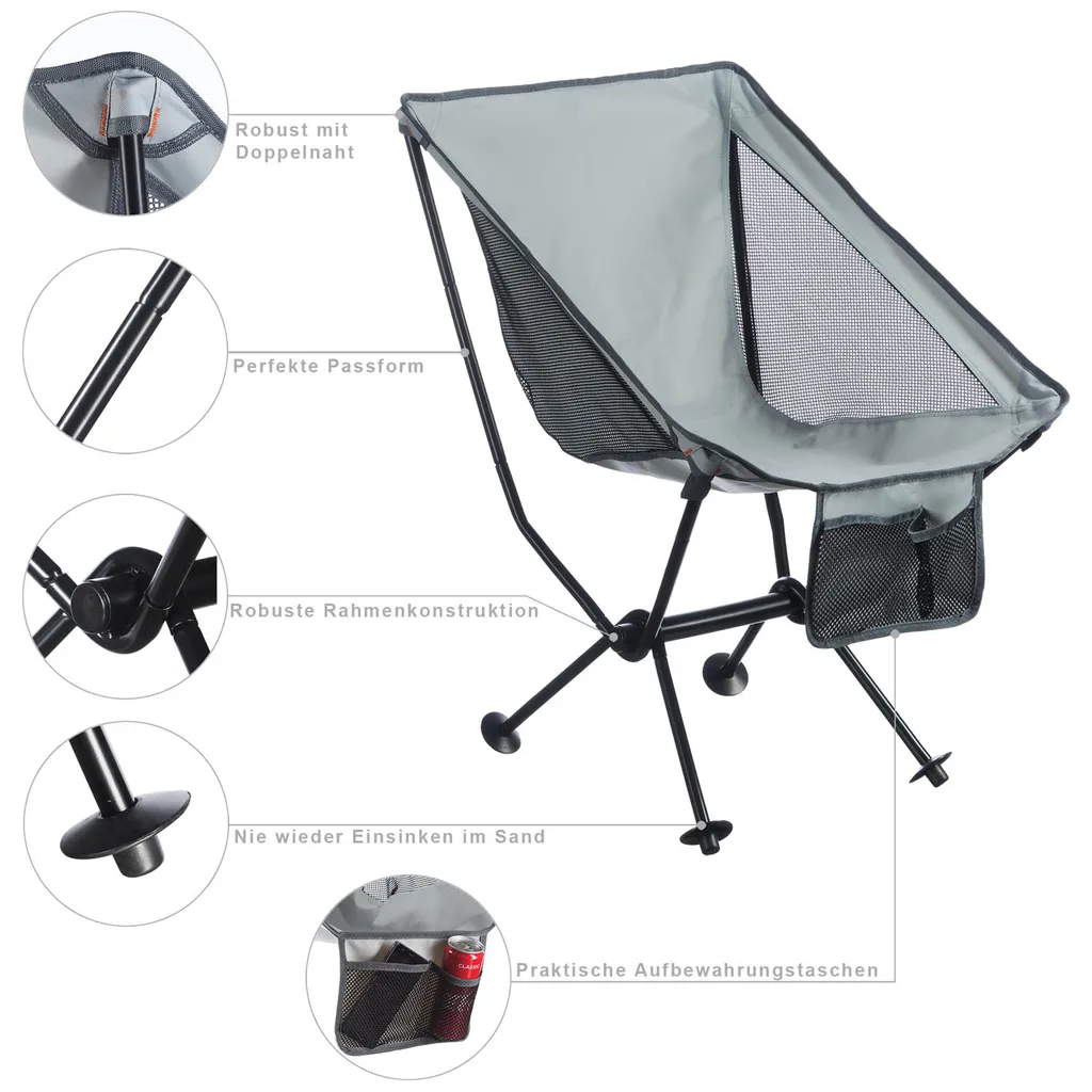 Moon Chair Campingstuhl - Faltbarer Campinghocker Moonchair - Extrem Leicht & Kompakt - Grau – Bild 2