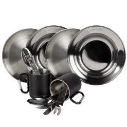 Black Snake® Flacher Und Tiefer Camping Picknick Teller Mit Besteck Plus Karabiner Haken Tasse Aus Edelstahl - 2 Personen - Set