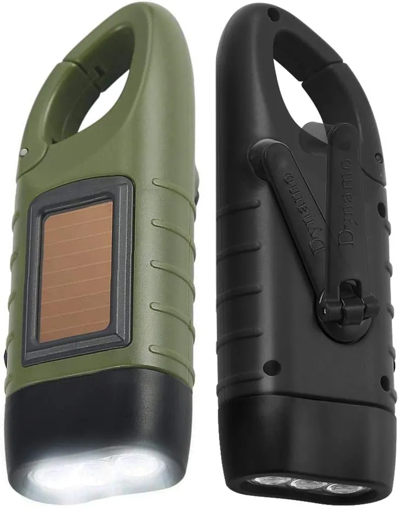 2er Solar LED Taschenlampe Handkurbel Wiederaufladbare Mit Wanderschnalle, Dynamo Taschenlampe, Taschenlampenkurbel Für Outdoor/Camping/Notfall (Grün+Schwarz)