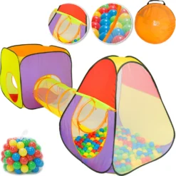 Spielwerk Spielzelt 3-teilig Pop Up Funktion Inkl. 200 Bälle Tragetasche Kinderzimmer Kinder Bällebad Spielhaus Krabbeltunnel Tipi