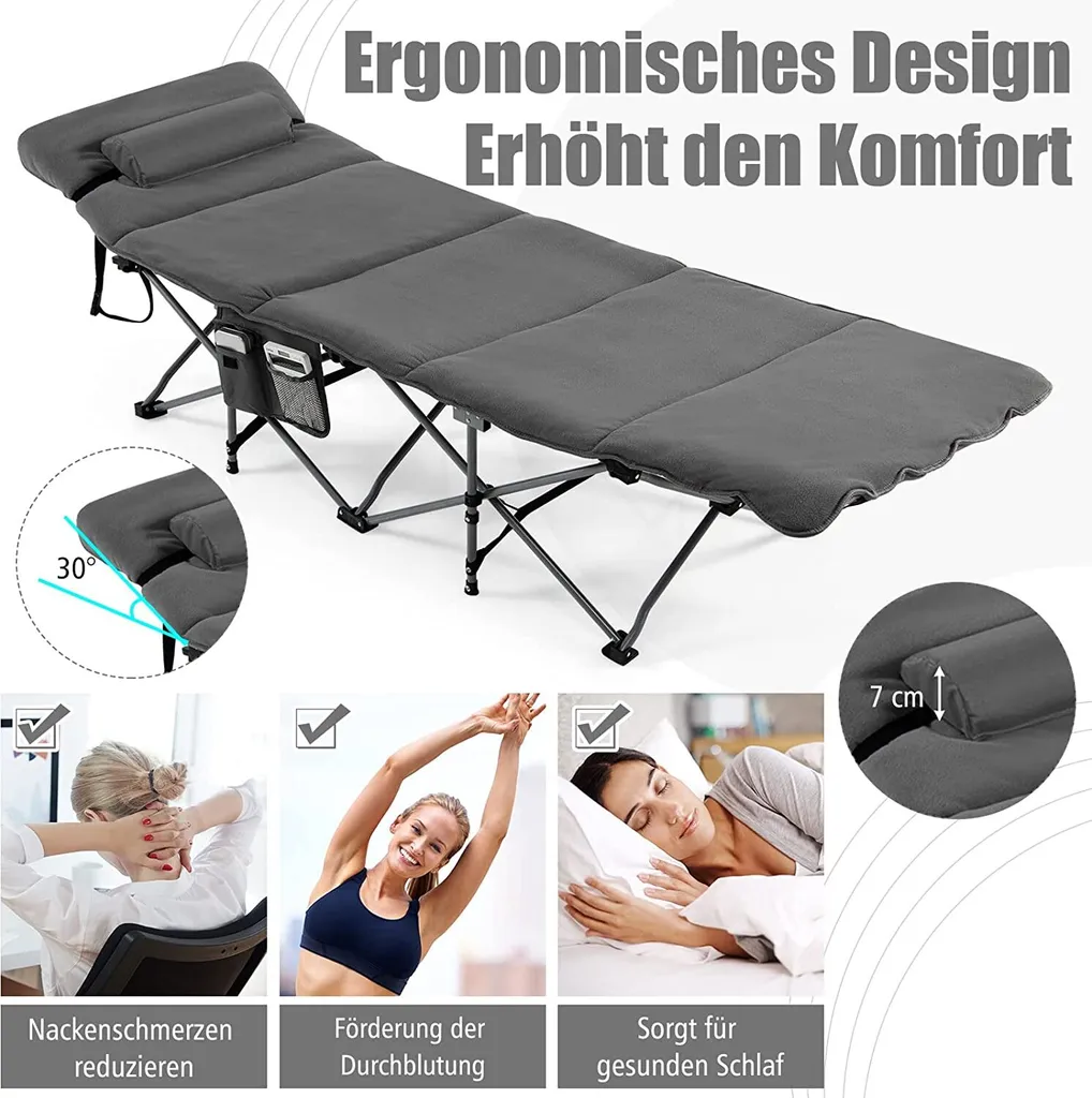 COSTWAY Feldbett Klappbar 190x67x53cm Campingbett Bis 150 Kg Belastbar Klappbett Mit Matratze, Kissen & Seitentasche, Tragbares Campingliege Inkl. Tragetasche Für Camping & Strand Grau – Bild 3