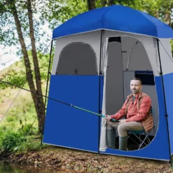 COSTWAY Duschzelt 2 Räume Umkleidezelt Toilettenzelt Mit Tragetasche, Beistellzelt Stehzelt Campingzelt Strand Für 2 Personen 210x106x222cm