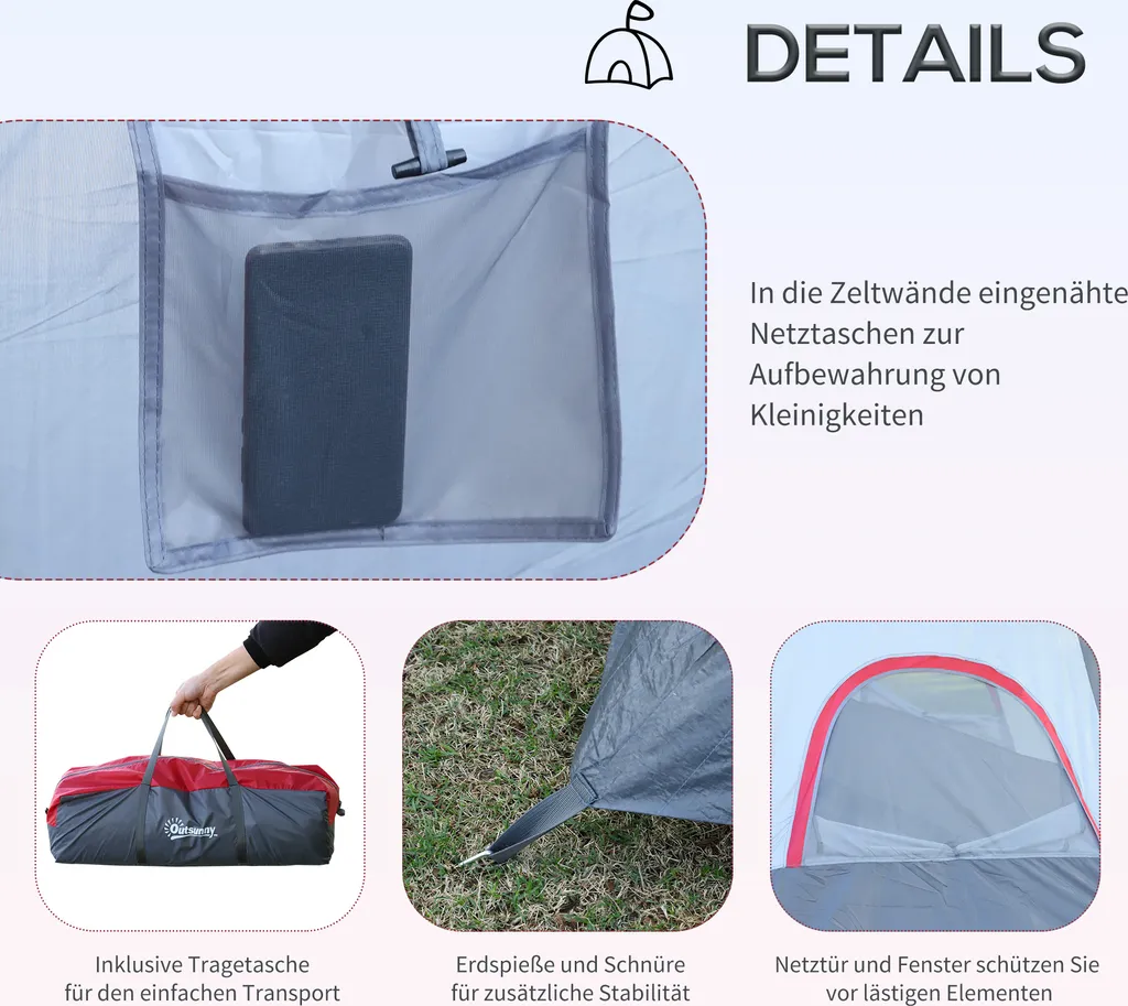 Outsunny Zelt Für 5-6 Personen, Campingzelt Mit Heringen, Tunnelzelt, Kuppelzelt, Polyester, Grau, 4,55 X 2,3 X 1,8 M – Bild 6