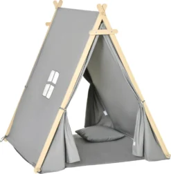 HOMCOM Kinder Teepee Tipi Zelt Mit Fenster Indoor Outdoor Kinderspielzelt Spieltipi Mit Kissen Polyester Kieferholz Lesen Spielen Ausruhen 3-6 Jahren Grau 130 X 115 X 136 Cm