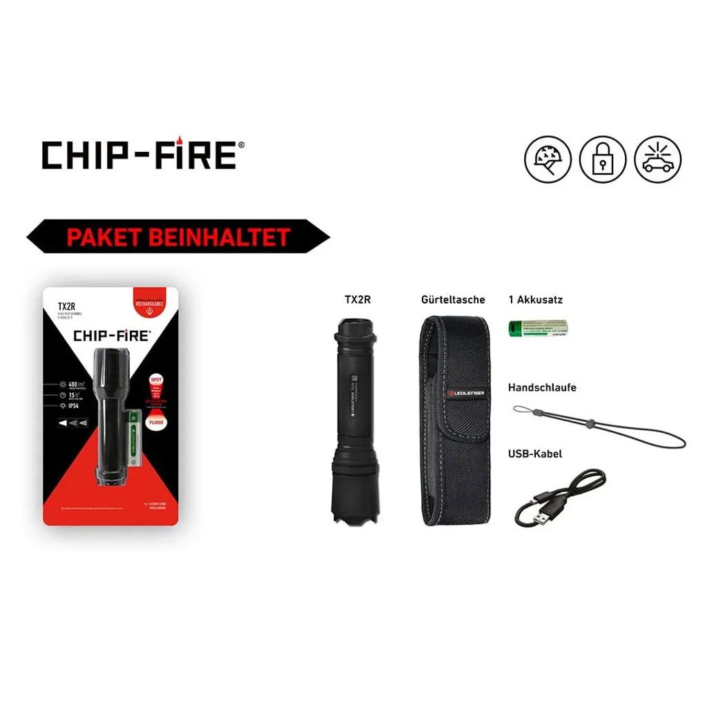 Chip-Fire TX2000R LED Taschenlampe Aus Dem Hause LEDlenser, Ultra-kompakt, 400 Lumen, 14500 Akku, 185 Meter Leuchtweite, Inkl. Gürteltasche, Handschlaufe – Bild 3