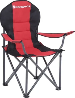 SONGMICS Campingstuhl, Klappbar, Klappstuhl, Bequemer Mit Schaumstoff Gepolsterter Sitz, Mit Flaschenhalter, Hoch Belastbar, Max. Belastbarkeit 250 Kg, Outdoor Stuhl, Rot GCB06BK