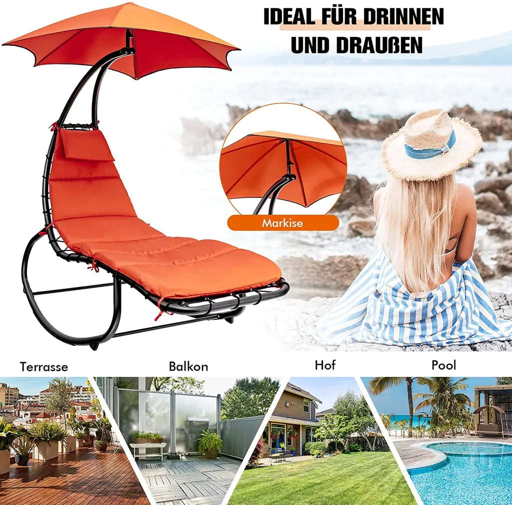 COSTWAY Hängeliege Schwebeliege Mit Sonnenschirm Und Auflage, Sonnenliege Relaxliege Bis 150kg Belastbar, Schaukelliege Für Balkon, Pool, Garten (Orange) – Bild 2