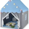 COSTWAY Kinderspielhaus Mit Sternenlichter, Prinzessin Prinzess Kinderzelt Mit Fenster & Matte, Spielzelt Mit Doppeltem Vorhang, Kinderspielzelt, Kinderspielburg Für Jungen Und Märchen (Blau)