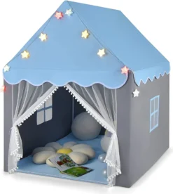 COSTWAY Kinderspielhaus Mit Sternenlichter, Prinzessin Prinzess Kinderzelt Mit Fenster & Matte, Spielzelt Mit Doppeltem Vorhang, Kinderspielzelt, Kinderspielburg Für Jungen Und Märchen (Blau)
