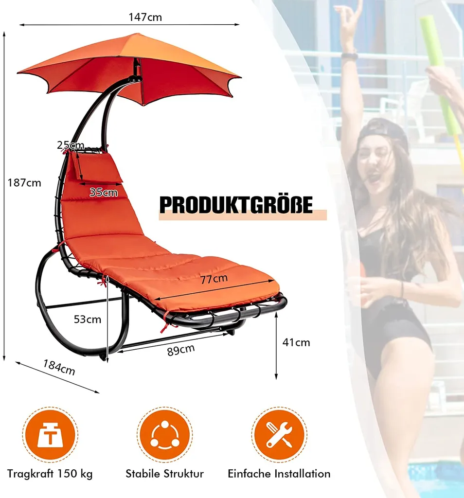 COSTWAY Hängeliege Schwebeliege Mit Sonnenschirm Und Auflage, Sonnenliege Relaxliege Bis 150kg Belastbar, Schaukelliege Für Balkon, Pool, Garten (Orange) – Bild 6