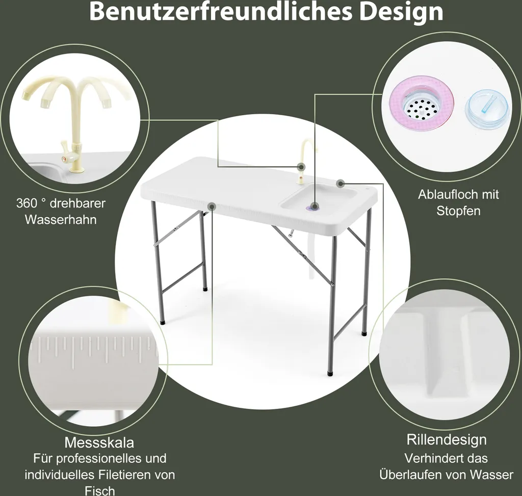 COSTWAY Tragbarer Fischreinigungstisch, Klappbarer Campingtisch Mit Spüle, Wasserhahn, Filetiertisch Outdoorspüle Für Garten, Camping, Angeln – Bild 4