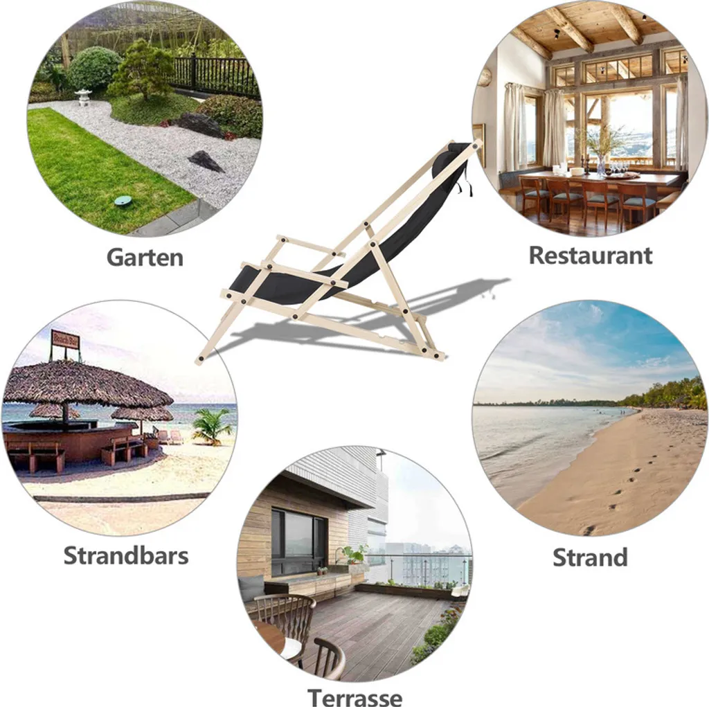 SWANEW Liegestuhl Klappbar Gartenstuhl Holz Sonnenliege Klappstuhl Campingstuhl Strand Schwarz Mit Handläufen 2 Stück – Bild 3