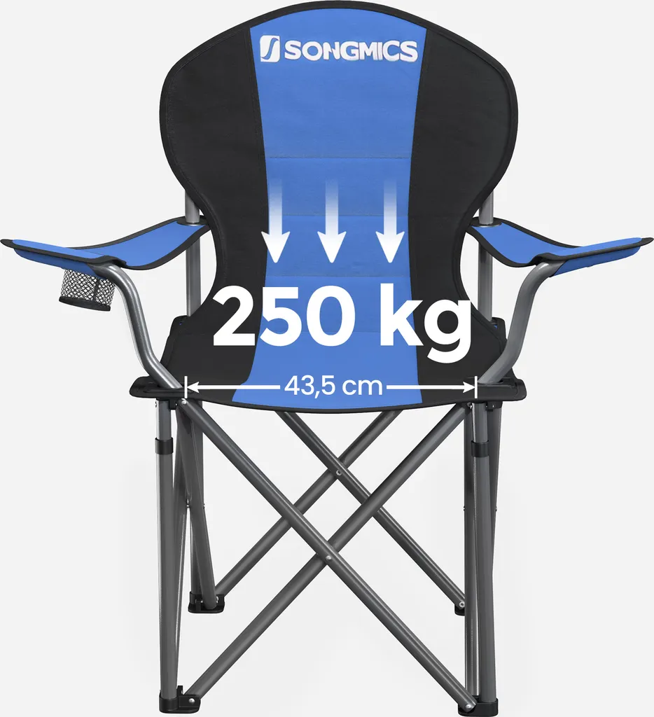 SONGMICS Campingstuhl, Klappbar, Klappstuhl, Komfortabler Mit Schaumstoff Gepolsterter Sitz, Mit Flaschenhalter, Hoch Belastbar, Max. Belastbarkeit 250 Kg, Outdoor Stuhl, Blau GCB06BU – Bild 6