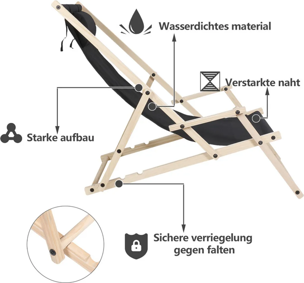 SWANEW Liegestuhl Klappbar Gartenstuhl Holz Sonnenliege Klappstuhl Campingstuhl Strand Schwarz Mit Handläufen 2 Stück – Bild 2