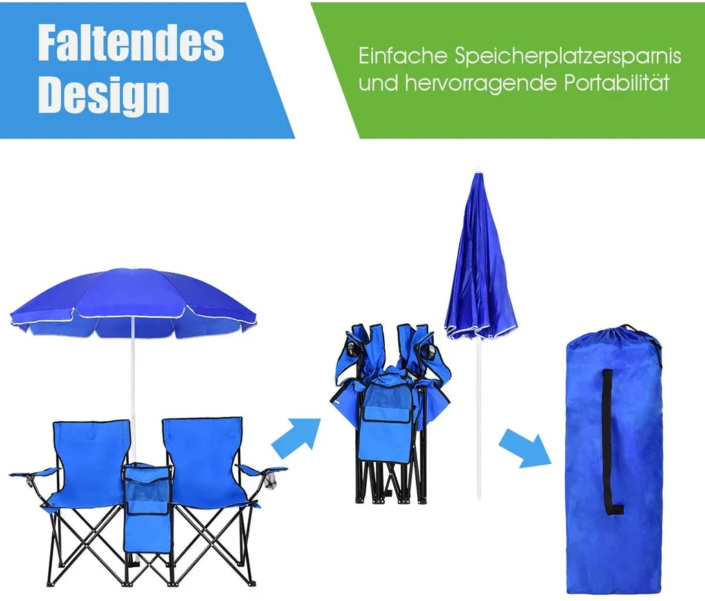 COSTWAY Campingstuhl Mit Sonnenschirm, Klappstuhl Für Paare, Doppel Angelstuhl Faltbar Mit Getränkehalter Kühltasche – Bild 4