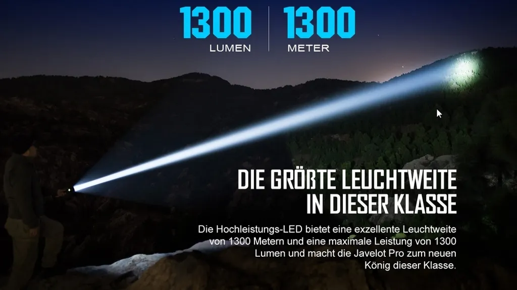 OLIGHT JAVELOT TURBO NW LED Taschenlampe USB Aufladbar MCC3 Magnetisches Ladeskabel 1300 Lumen 1300 Meter Leuchtweite Wasserdicht 4 Lichtmodi – Bild 9