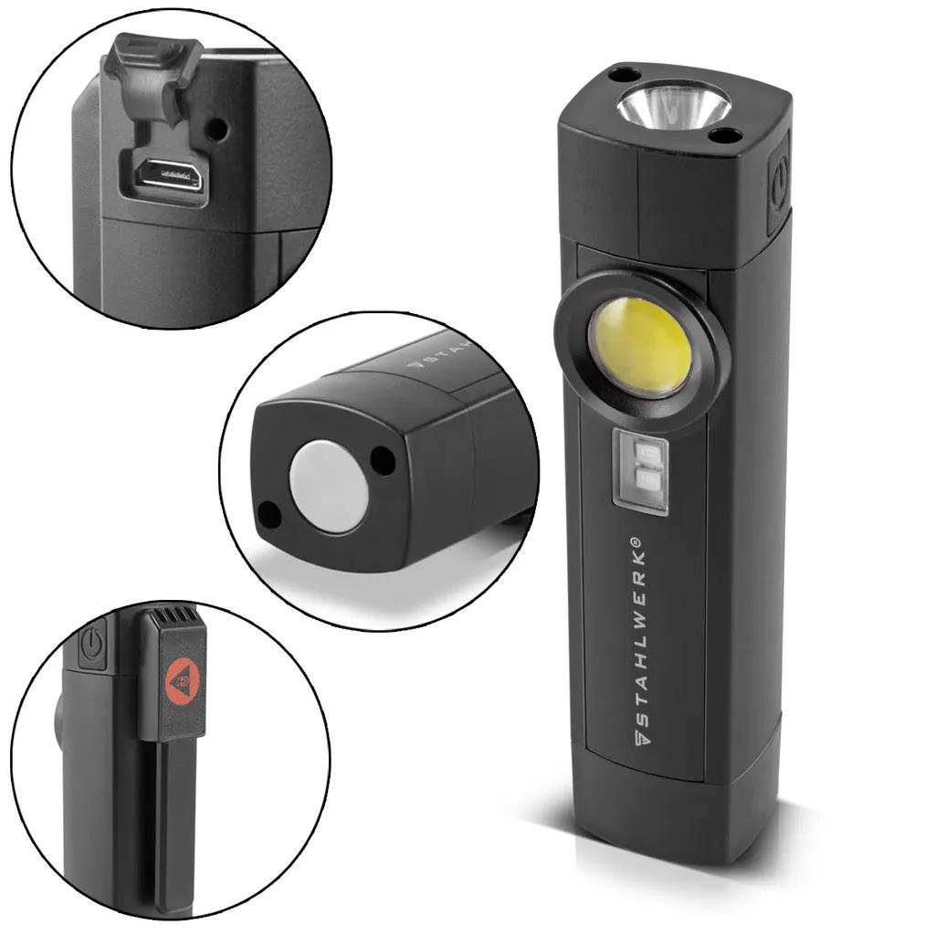 STAHLWERK LED Arbeitsleuchte 5 W Taschenlampe Werkstattlampe Mit 4 Leucht-Modi UV-Licht Akku USB