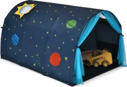 COSTWAY Prinzessin Prinzess Kinderspielhaus, Kinderzelt Mit Fenster & Tasche, Spielzelt Mit Doppeltem Vorhang, Kinderspielzelt, Kinderspielburg Für Jungen Und Märchen (Blau)