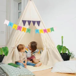 Tipi Kinderzelt Aus 100% Naturmaterialien; Kinderzimmer -Zelt Aus Baumwolle & Holz Für Drinnen & Draußen (Beige)