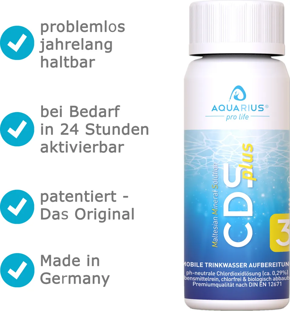 AQUARIUS Pro Life ® - CDSplus 100 Ml - Patentierte Chlordioxid Lösung I CDL Tropfen I Chlorine Dioxide Solution I Auf Wunsch Aktivierbar I Das Original