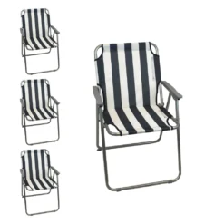 4 Stück Wohaga Campingstuhl 'Texel' Mit Armlehnen, Klappbar - Weiss / Blau Gestreift