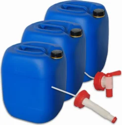 Plasteo Set 3 X 30 Liter Getränke- Wasserkanister Mit 1 Hahn + 1 Flexiblem Ausgießer Und 3 Schraubdeckel (DIN 61) | Lebensmittelecht | Tragbar | Indoor Und Outdoor | BPA Frei Blau