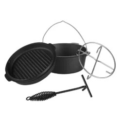 Mucola Gusseisen Feuertopf Gusstopf Inkl. Deckelgriff 2in1 Kochtopf & Pfanne 4,2L Dutch Oven Potjie Camping Kochgeschirr