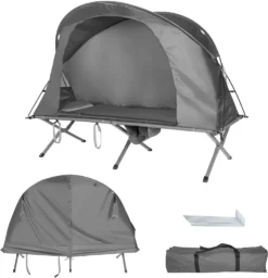 COSTWAY 4in1 Campingzelt Set Faltbar Für 1 Personen Mit Aufblasbare Matratze Tragetasche Abdeckung & Erhöhtem Campingbett & Zelt Kuppelzelt 120kg Belastbar