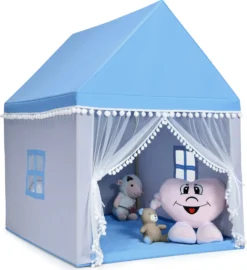 COSTWAY Kinderspielhaus Kinderzelt Spielhaus Prinzess Prinzessin, Kinderspielzelt Stoffzelt Mit Massivholzrahmen & Baumwolldecke, Kinderspielburg Für Jungen Märchen 120x105x140cm (Blau)