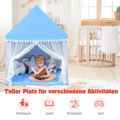 COSTWAY Kinderspielhaus Kinderzelt Spielhaus Prinzess Prinzessin, Kinderspielzelt Stoffzelt Mit Massivholzrahmen & Baumwolldecke, Kinderspielburg Für Jungen Märchen 120x105x140cm (Blau) -Campingbedarf Geschäft 9a9e1b8d1e1380d27d49efe127e27c34