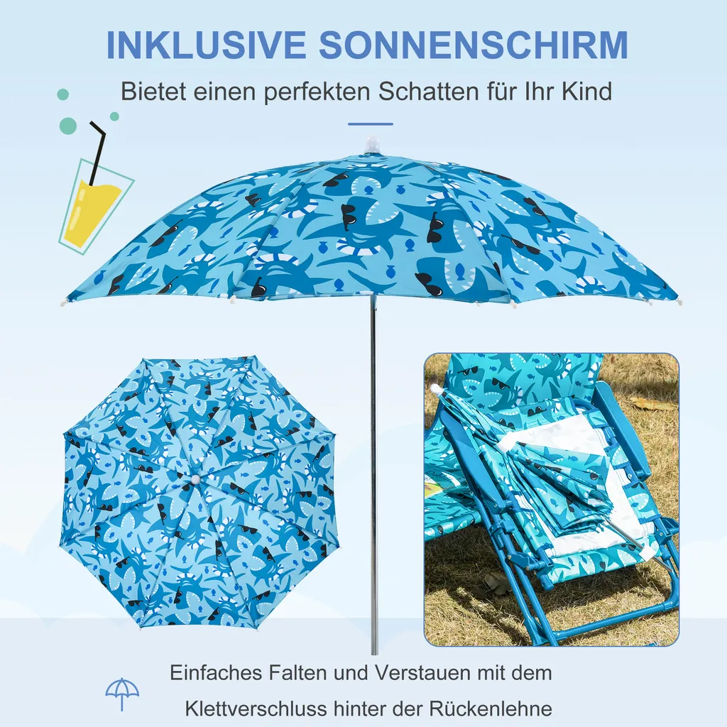 Outsunny Kinder-Campingstuhl Mit Sonnenschirm Kinder-Strandstuhl Klappstuhl Für 1-3 Jahre Leichte Gewicht Metall Blau 39 X 39 X 52cm – Bild 2