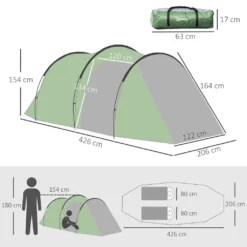 Outsunny Zelt Für 3-4 Personen 190T Tunnelzelt Campingzelt Mit Heringen Glasfaser Polyester Dunkelgrün 426 X 206 X 154 Cm