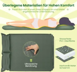 COSTWAY Camping Isomatte Selbstaufblasend, 2 Personen Campingmatte Mit Kissen, Ultraleicht, Wasserdicht, Luftmatratze Camping Matratze Schlafmatte Für Camping, Wandern, Strand, Reisen -Campingbedarf Geschäft a38b991f045f4bb6b188f1ae787ff66c
