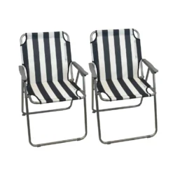 2 Stück Wohaga Campingstuhl 'Texel' Mit Armlehnen, Klappbar - Weiss / Blau Gestreift