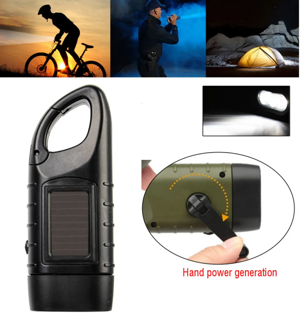 Handkurbel Solar Dynamo Taschenlampe Licht Outdoor Reise Notfall LED Taschenlampe, Schwarz