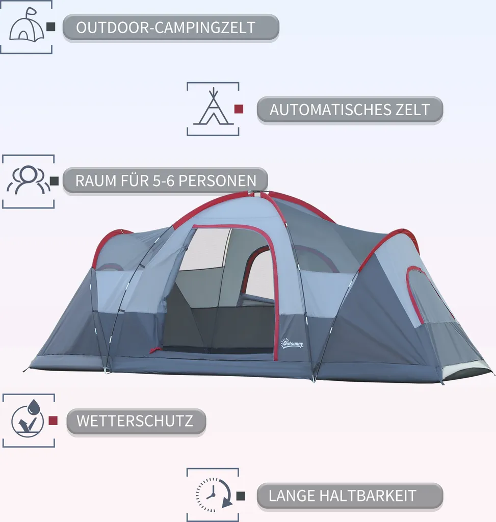 Outsunny Zelt Für 5-6 Personen, Campingzelt Mit Heringen, Tunnelzelt, Kuppelzelt, Polyester, Grau, 4,55 X 2,3 X 1,8 M – Bild 4