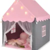 COSTWAY Kinderspielhaus Mit Sternenlichter, Prinzessin Prinzess Kinderzelt Mit Fenster & Matte, Spielzelt Mit Doppeltem Vorhang, Kinderspielzelt, Kinderspielburg Für Jungen Und Märchen, Rosa