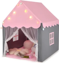 COSTWAY Kinderspielhaus Mit Sternenlichter, Prinzessin Prinzess Kinderzelt Mit Fenster & Matte, Spielzelt Mit Doppeltem Vorhang, Kinderspielzelt, Kinderspielburg Für Jungen Und Märchen, Rosa