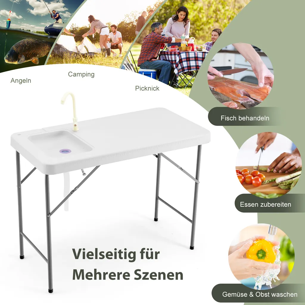 COSTWAY Tragbarer Fischreinigungstisch, Klappbarer Campingtisch Mit Spüle, Wasserhahn, Filetiertisch Outdoorspüle Für Garten, Camping, Angeln – Bild 3