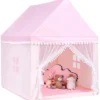 COSTWAY Kinderspielhaus Kinderzelt Spielhaus Prinzess Prinzessin, Kinderspielzelt Stoffzelt Mit Massivholzrahmen & Baumwolldecke, Kinderspielburg Für Jungen Märchen 120x105x140cm (Rosa)